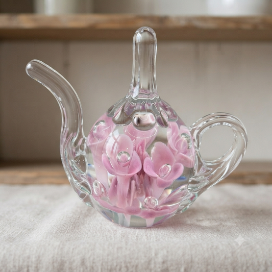 Vintage Hand-Blown Glass Teapot Paperweight Pink Flowers with Controlled Bubble
