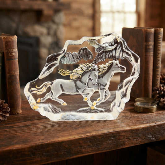 Vintage Crystal Running Horses Paperweight Mountain Landscape Gold Accent