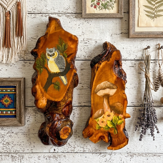 Vintage Live Edge Wood Wall Plaques Owl Mushroom Hand Painted Cabin Decor