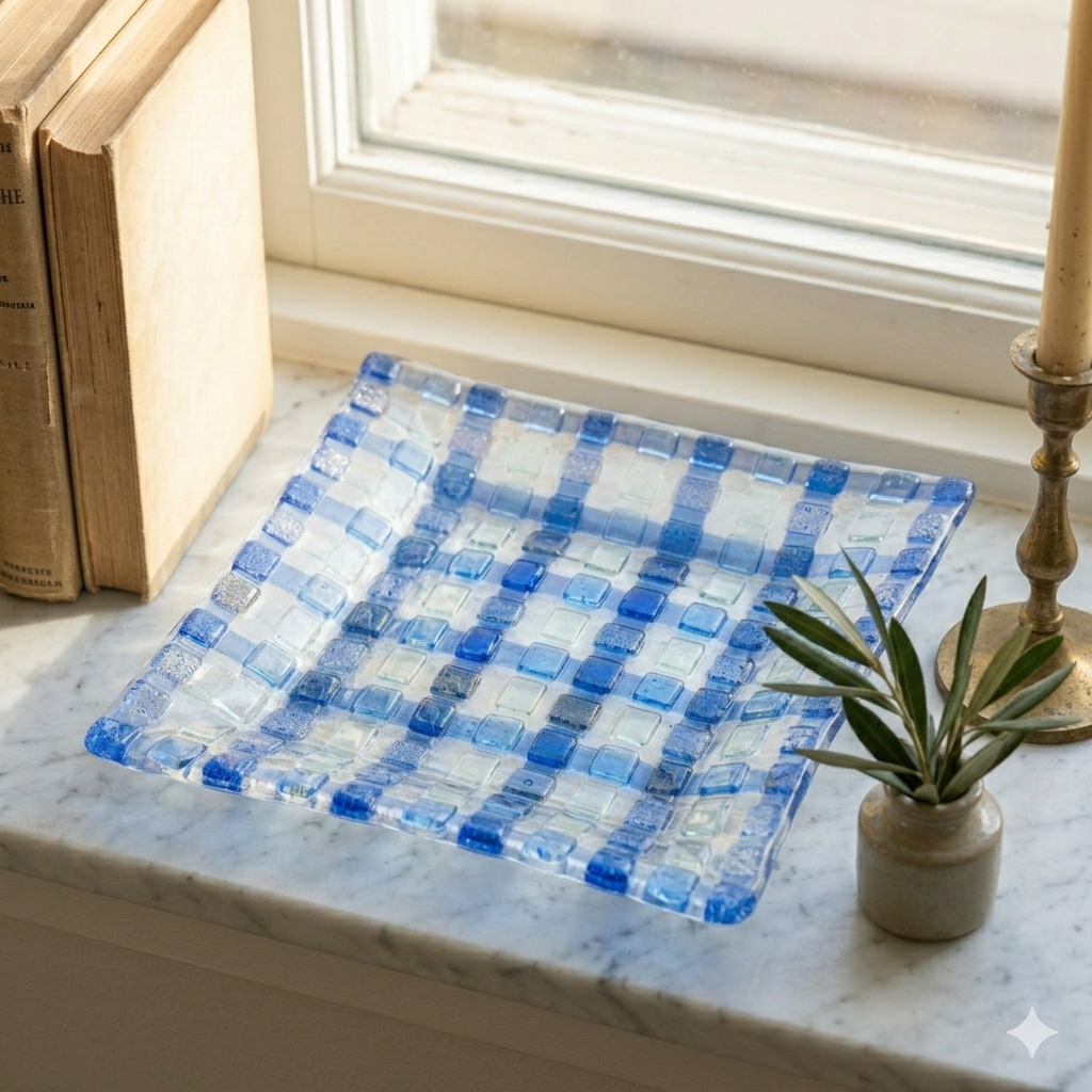 Fused Art Glass Blue Basket Weave Square Home Décor Tray 6.5" by 6.5" Geometric Minimalist Decor