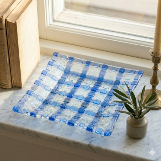 Fused Art Glass Blue Basket Weave Square Home Décor Tray 6.5" by 6.5" Geometric Minimalist Decor