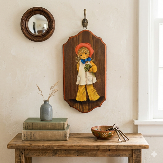 Vintage 1970s  Cornstalk Girl Wood Wall Decor Plaque Kitsch Painting Signed