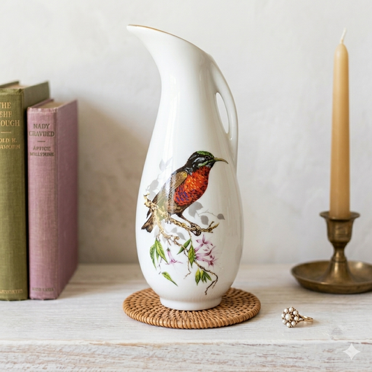 Vintage White Ceramic Pitcher with Colorful Bird on Branch - Decorative Ewer 7.5"