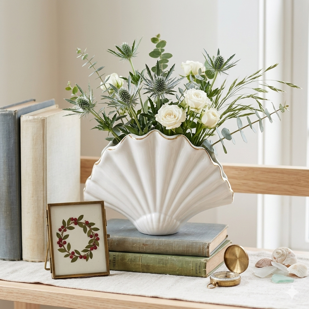 Lilly Pulitzer Seashell Vase Decorative Ceramic Nautical Beach House Decor White with Gold Trim