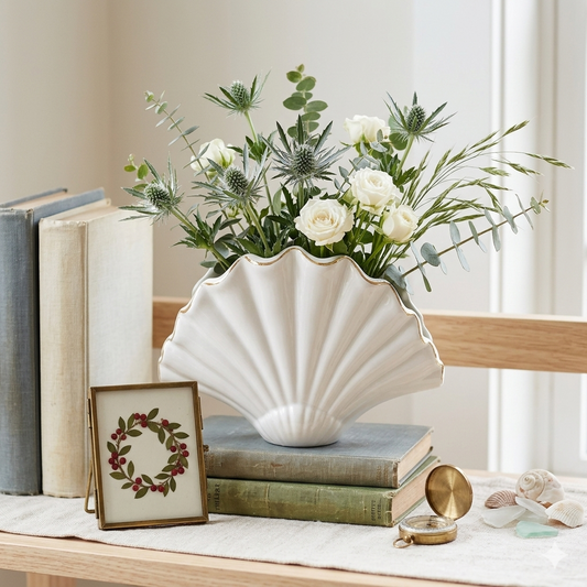 Lilly Pulitzer Seashell Vase Decorative Ceramic Nautical Beach House Decor White with Gold Trim