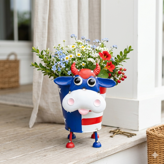 4th of July Cow Planter Freestanding Indoor/Outdoor Metal Decor 9.5"