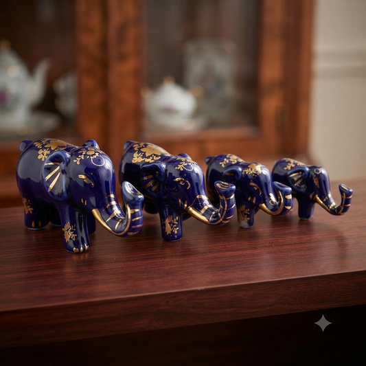 Vintage Cobalt Blue Porcelain Elephants with Intricate Gold Gilt Detailing Limoges Style Collectable Figurines