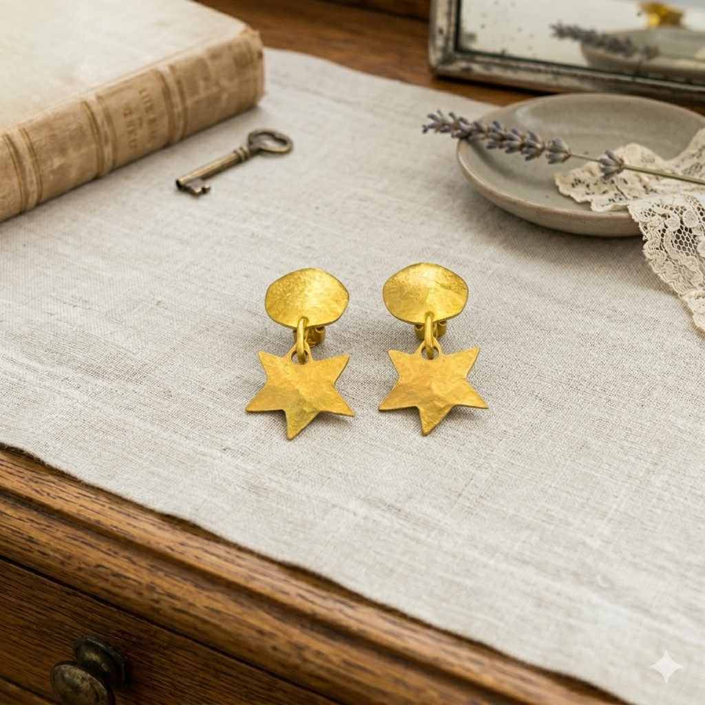 Vintage Norma Jean Designs Style Matte Gold Dangle Hammered Stars Clip-on Earrings Made in USA