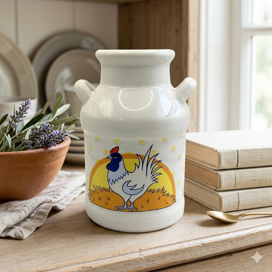 Vintage Ceramic Milk Can Vase Country Rooster Floral Farmhouse Decor 5.5 Inch