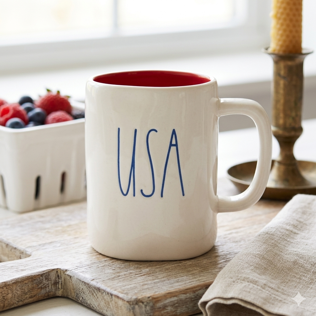 USA Rae Dunn by Magenta Coffee Mug with Red Interior with Blue Font