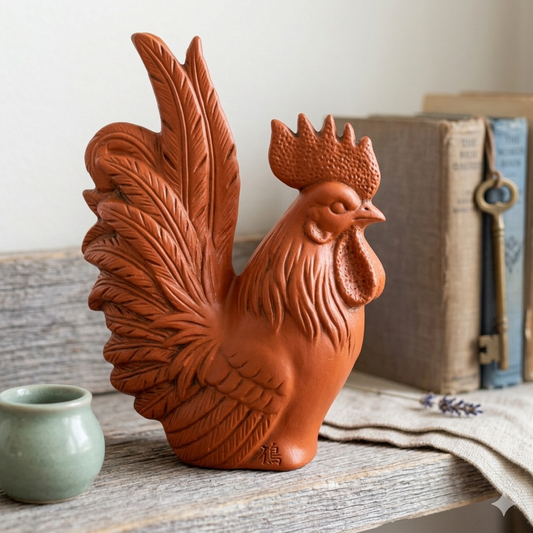 Japanese Ceramic Zodiac Chicken Roster Statue Vintage Red Clay Lucky Charm Figurine Signed
