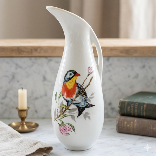 Vintage White Ceramic Bird Pitcher - Songbird & Cherry Blossom Decorative Ewer 7.5"