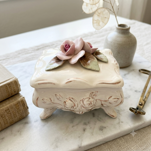 Mid Century Cordey Dusk Pink Rose Gold Detail Lidded Trinket Jewelry Box