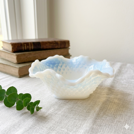 MCM White Milk Glass Ruffle Edge Candy Nut Dish MCM Kimberly Diamond Point by Hazel-Atlas