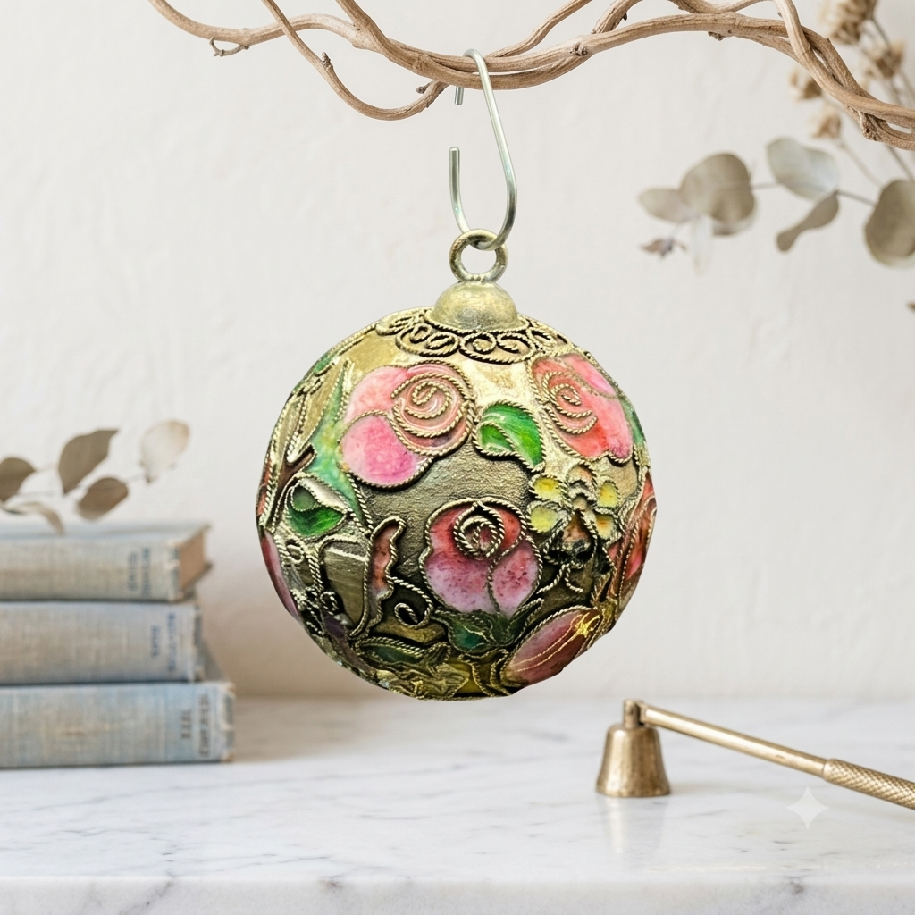 Vintage Cloisonné Enameled Floral Rose Tree Ornament with Hook