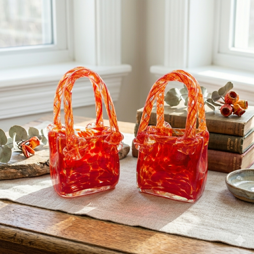 Vintage Art Glass Purses Red Clear Splatter Handblown Glass Set of 2