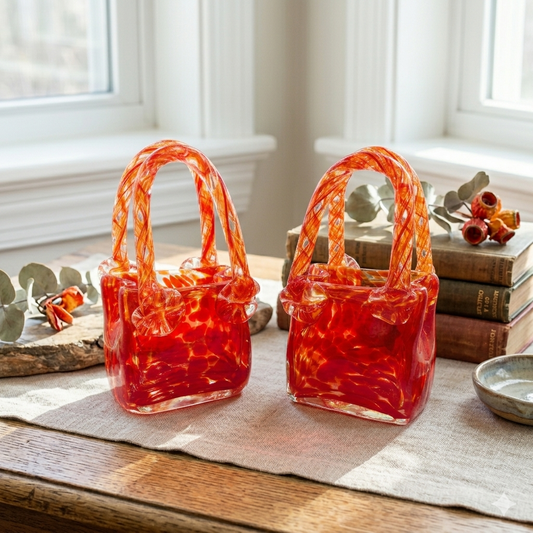 Vintage Art Glass Purses Red Clear Splatter Handblown Glass Set of 2