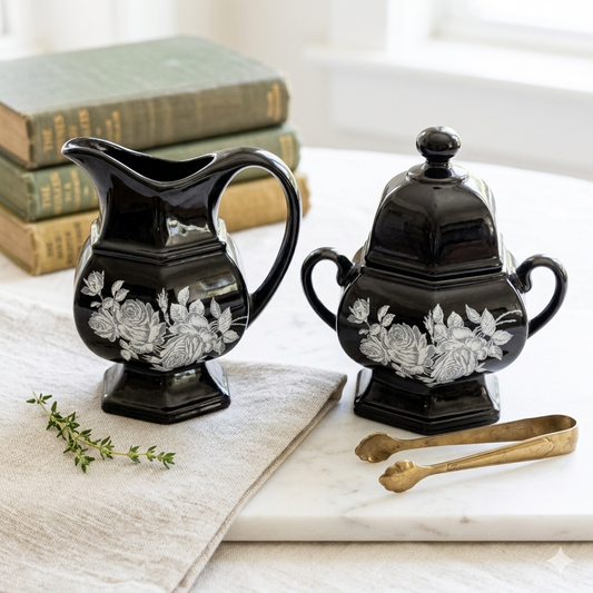 Vintage Moody Cottagecore Black Ceramic Creamer & Sugar Set with Roses