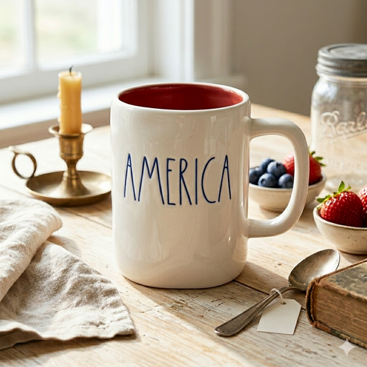 AMERICA Rae Dunn by Magenta Coffee Mug with Red Interior with Blue Font
