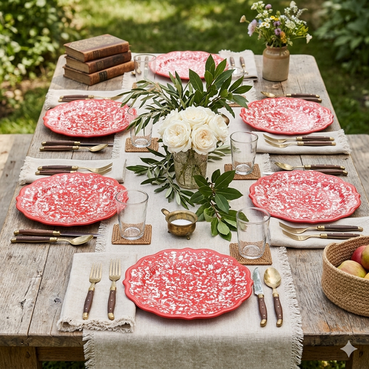 Pioneer Woman 10" Melamine Country Splatter Coral 6-Piece Dinnerware Plates w/ Scallop Edge