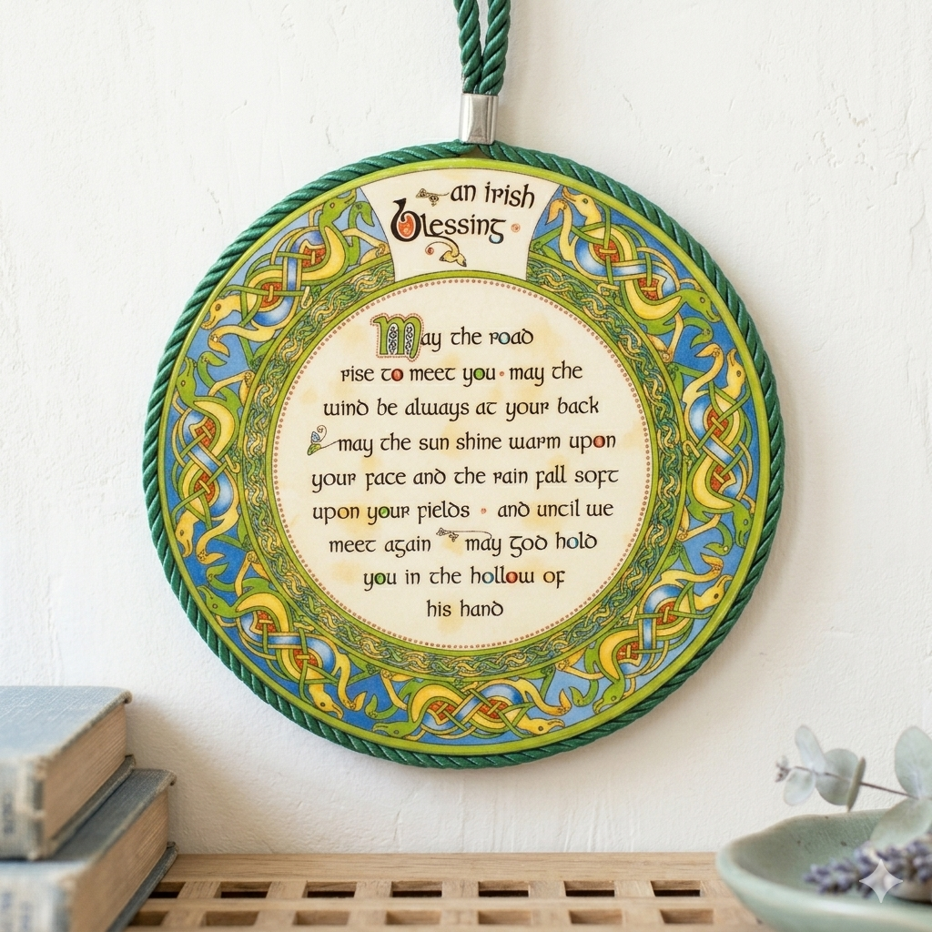 Irish Blessing Ceramic Pot Stand 7" Plaque by Clara with Hanging Rope