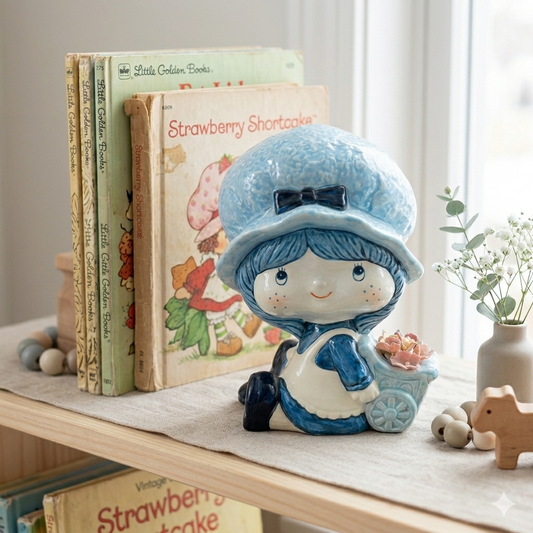 Vtg Strawberry Shortcake / Blueberry Muffin Plaster Figurine Doll Planter Hand Painted Made in Korea