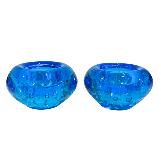 Two Ikea Handblown Blue Controlled Bubble Tealight Candle Holder Votives