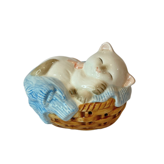 1980s Sleeping Kitten in Basket Potpourri Bead Holder Made in Japan For Avon
