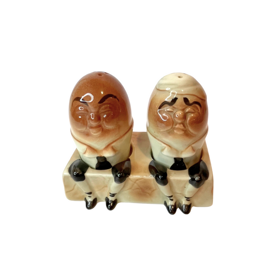 Mid Century Humpty Dumpty Before and After Salt and Pepper Shakers and Holder - Made in Japan