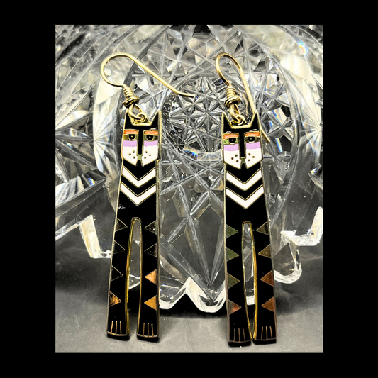* Signed Laurel Burch "NUBIAN CATS" Enameled Black White Gold Purple Vintage Drop Earrings