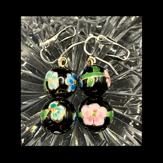 * Vintage Cloisonné Cherry Blossom  Black Double Bead Clip On Earrings