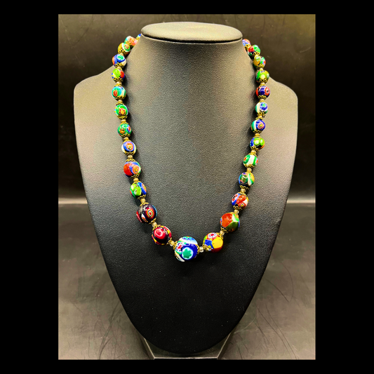 Vintage Murano Millefiori Art Glass Beaded Barrel Clasp Necklace with Filigree Bead Caps