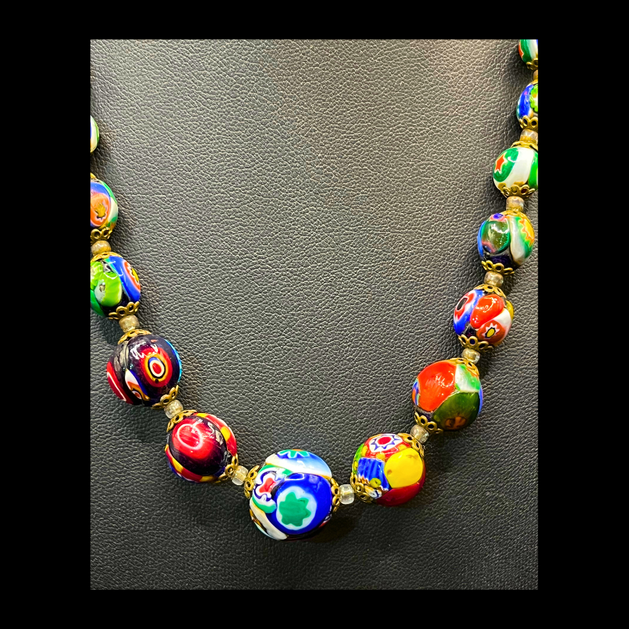 Vintage Murano Millefiori Art Glass Beaded Barrel Clasp Necklace with Filigree Bead Caps