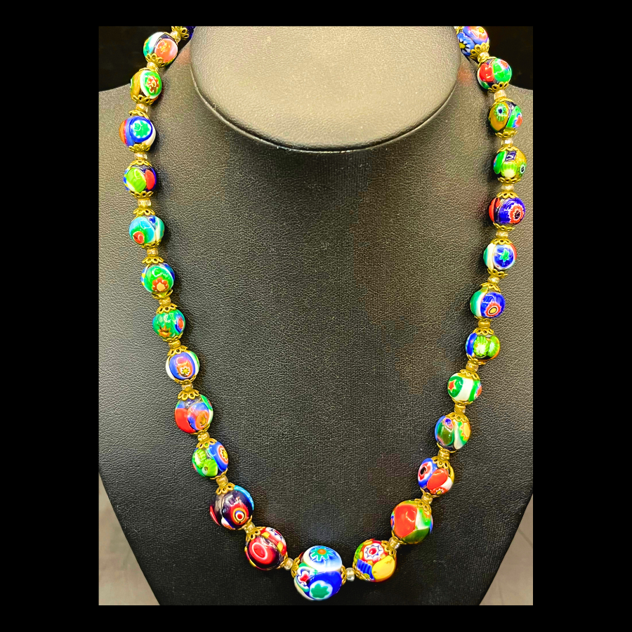Vintage Murano Millefiori Art Glass Beaded Barrel Clasp Necklace with Filigree Bead Caps