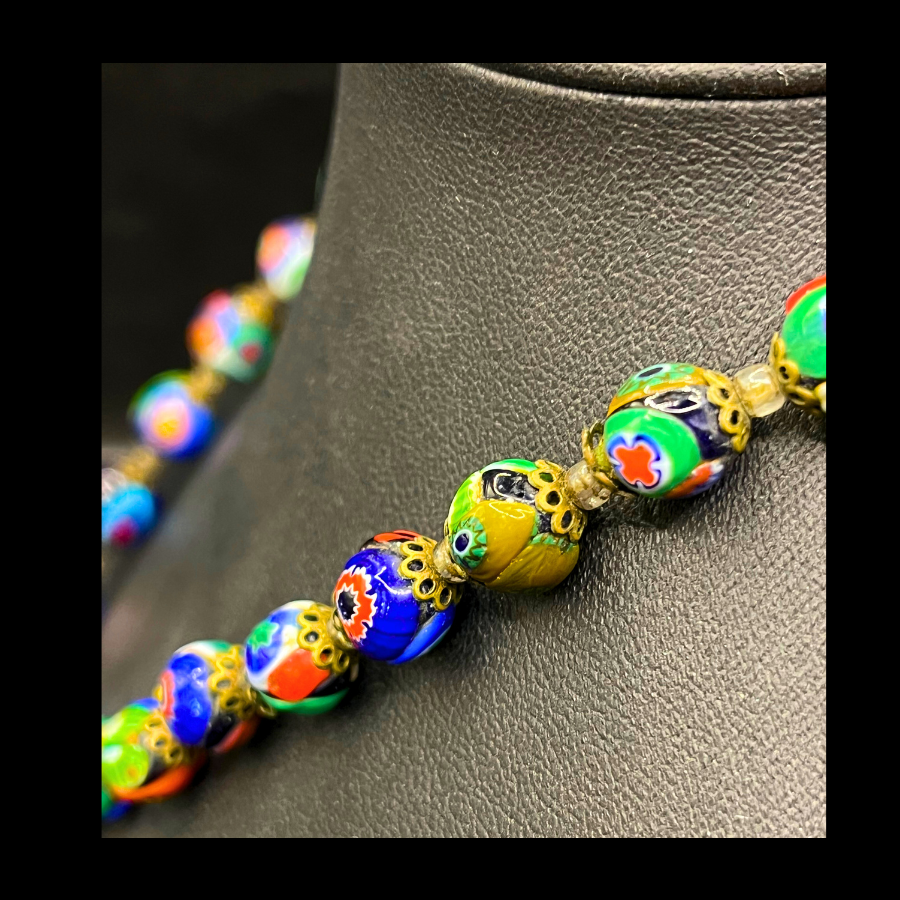Vintage Murano Millefiori Art Glass Beaded Barrel Clasp Necklace with Filigree Bead Caps