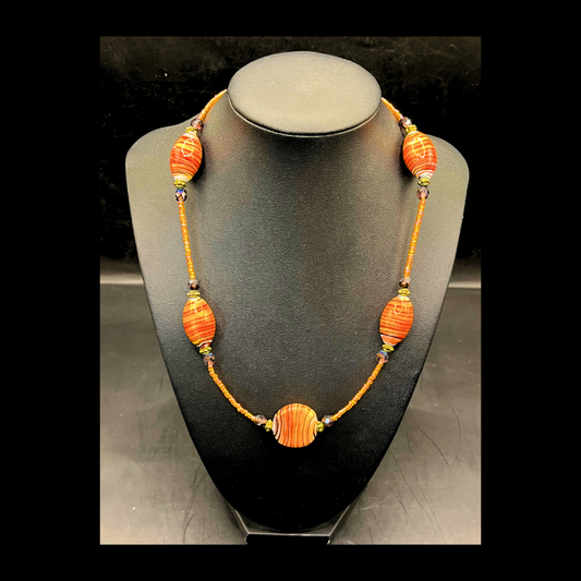 * Handmade Art Glass Orange Black Swirl Beaded Necklace with Amethyst Glass Beads Toggle Clasp