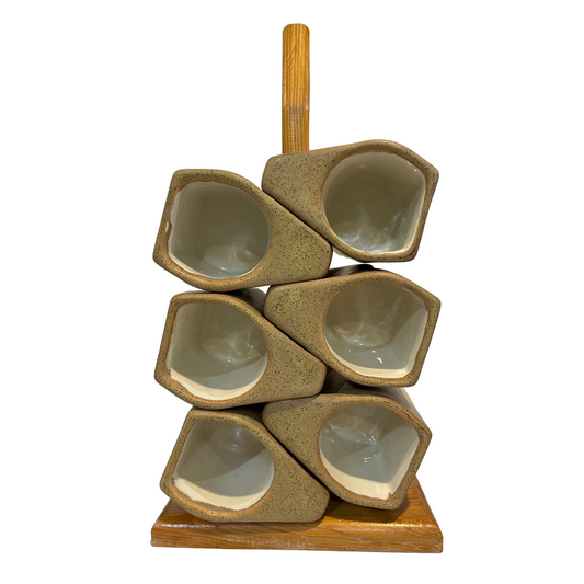 Vintage Signed Rodolfo Padilla  6 Mug Set in Kokopelli Brown Tan and Gray with Stacking Rack