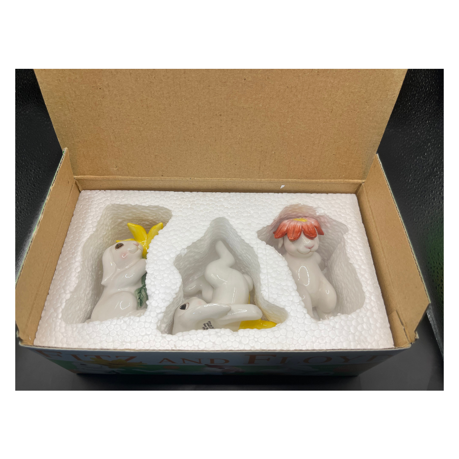 Vintage Fitz & Floyd Bunny Blooms Tumbling Bunnies Set of 3 NEW in Box