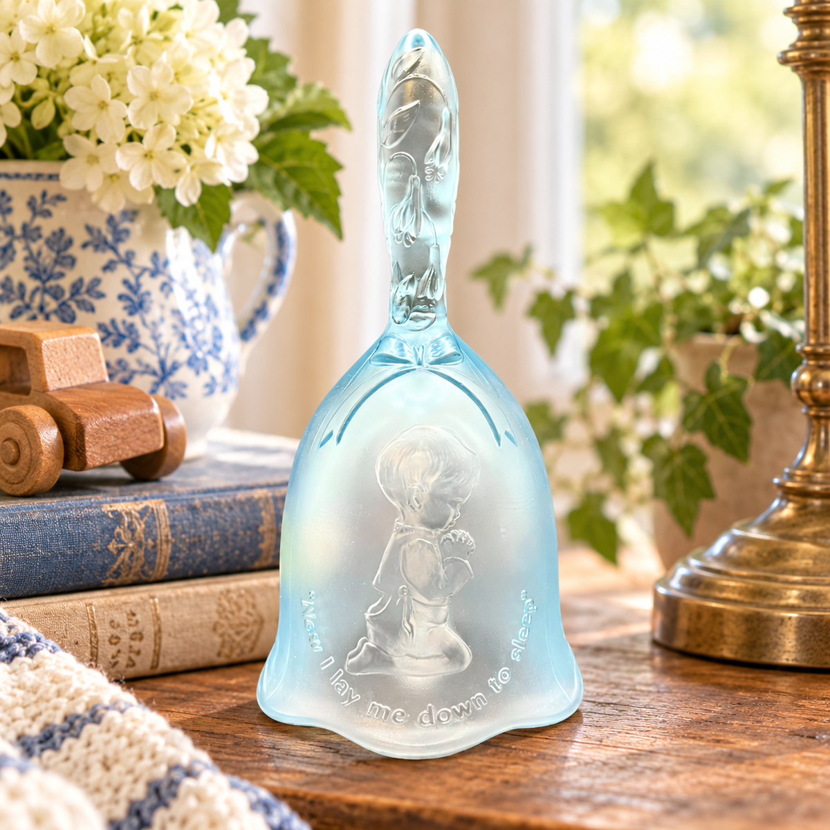 Vintage Fenton Art Glass Velva Blue Bell Boy Praying Figurine Bell Satin Finish