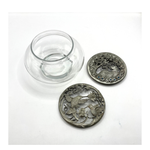 Signed 1989 Rawcliffe Pewter Glass Potpourri Dish With Two Lid Options Cat and Humming Birds