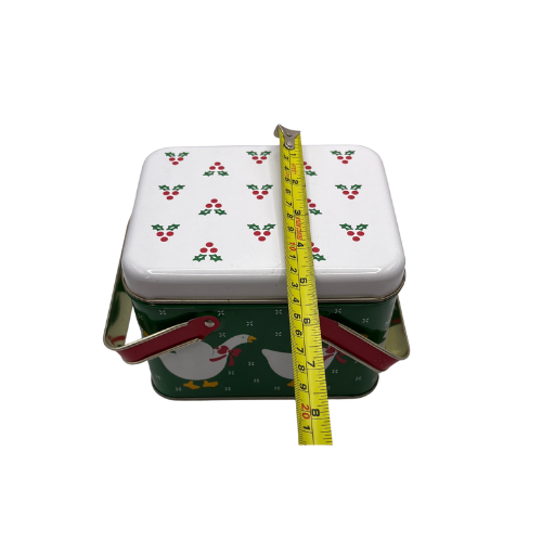 Vintage Christmas Grese Tin  Double Handle Green White Red