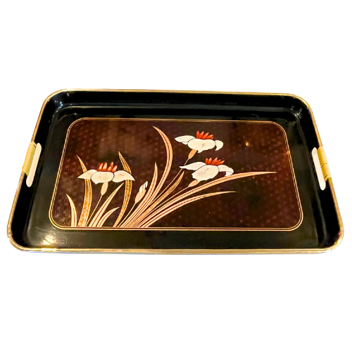 MCM Japanese Lacquer 3 Piece Nesting Serving Tray Set Black Gold Red White Iris Floral Design