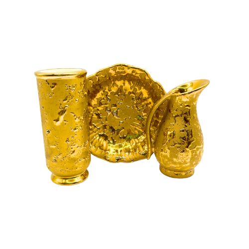 Vintage 22 Kt Weeping-Bright Gold Hollywood Regency Wash Basin Miniature Set / Weeping Gold 3.75" Floral Vase