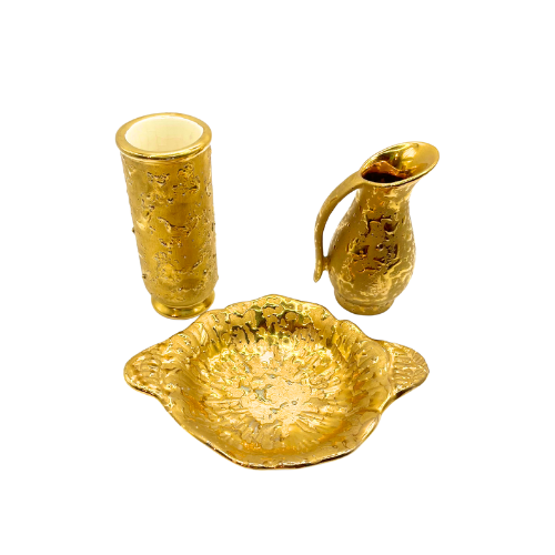 Vintage 22 Kt Weeping-Bright Gold Hollywood Regency Wash Basin Miniature Set / Weeping Gold 3.75" Floral Vase