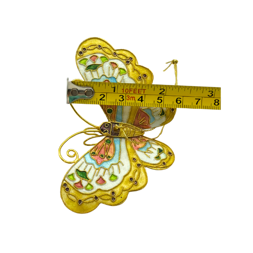 Vintage Butterfly Cloisonne Ornament Yellow Pink Blue with Hanging String