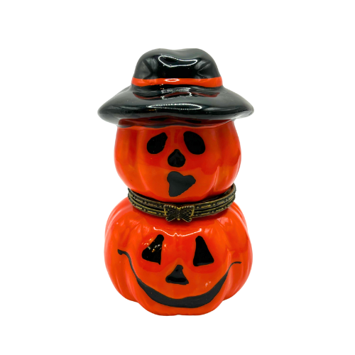 Vintage Ceramic Double Jack-O-Lantern Head Halloween Trinket Box with Hat Trinket