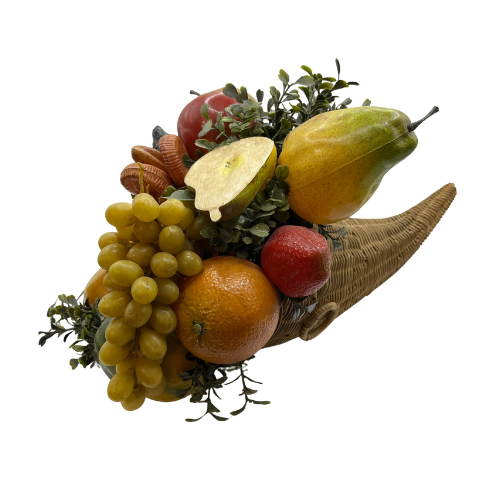 Vtg 16" Autumn Wicker Cornucopia with Rubber Fruit Veggies