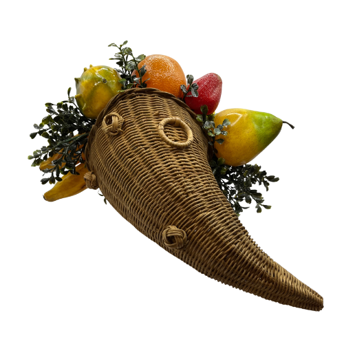 Vtg 16" Autumn Wicker Cornucopia with Rubber Fruit Veggies