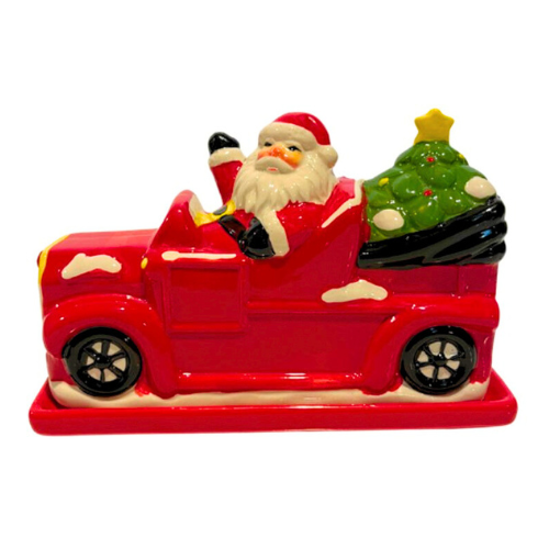 Global Designs Santa Driving Red Truck Butter Dish Center Piece New Never Used