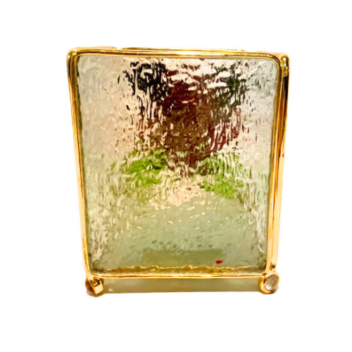 Vintage Stained Leaded Glass Gold Tone Poinsettia Christmas Candleholder Lantern Holiday Decor